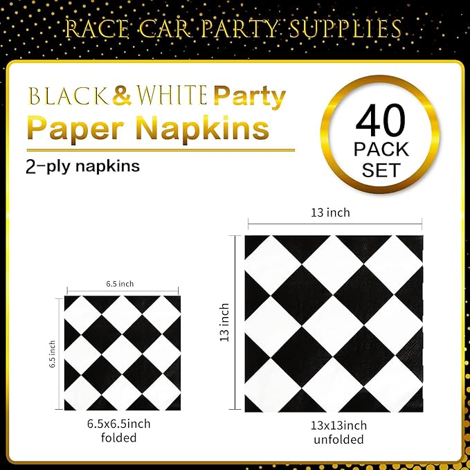 40pcs Black & White Checkered Race Car Birthday Party Supplies - Disposable Checkered Flag Napkins for Nascar Racing Themed Party Decorations & Favors