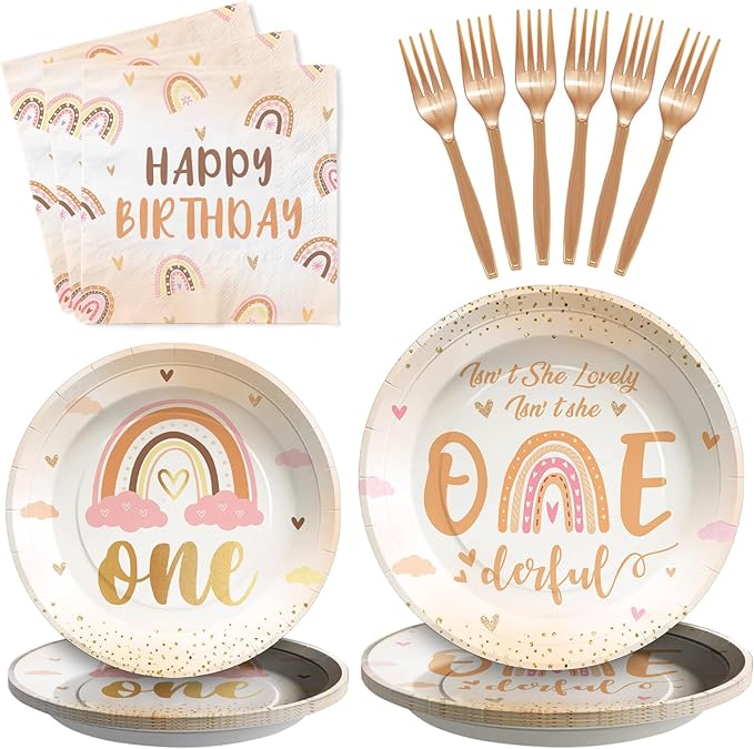 96Pcs Boho Rainbow 1st Birthday Decorations Isn't She Onederful Plates and Napkins Tableware Set Boho First Birthday Party Supplies for Onederful 1st Birthday Girl One Year Old Birthday Decor Serves24