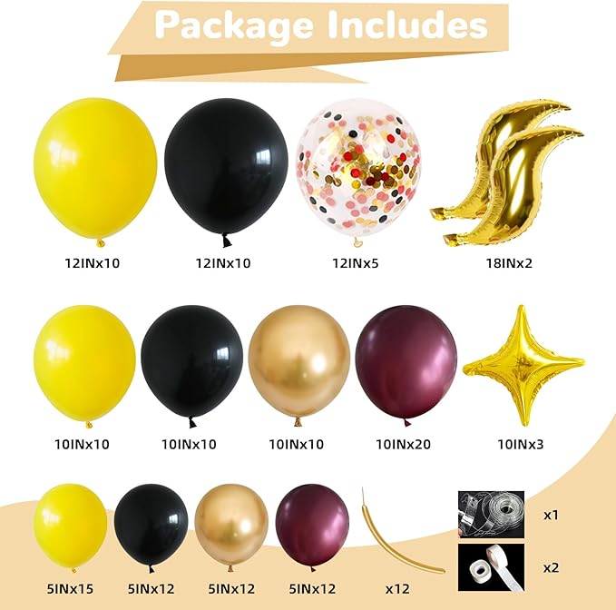 Black Burgundy Gold Balloons Garland Kit Burgundy Maroon Black Metallic Confetti Balloon Arch with Gold Long Balloon Star Foil Balloons for Halloween Birthday Baby Shower Party Decor