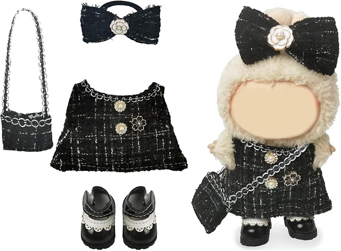 Clothes Compatible with LABUBU Doll – 4PCS Black Tweed Dress Set, 17cm Doll Clothes Designer Outfit for Classic Dinner Party Theme, Stylish Accessories for Labubu, No Doll (Midnight Tweed Charm)