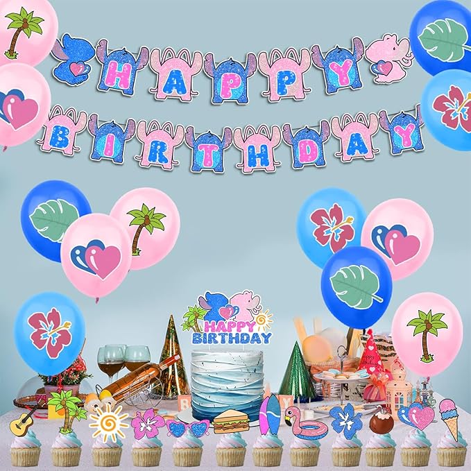 Cartoon Blue Birthday Decorations,Tropical Luau Party Supplies Includes banners,Balloons,Cupcake Toppers and Cake Toppers