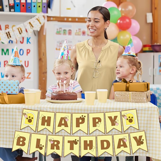 TaoBary Yellow Cartoon Dog Birthday Banner Pre-strung Hanging Sign Cute Puppy Party Decorations Kawaii Yellow Dog Themed Banners for Girls Women Anime Birthday Party Supplies