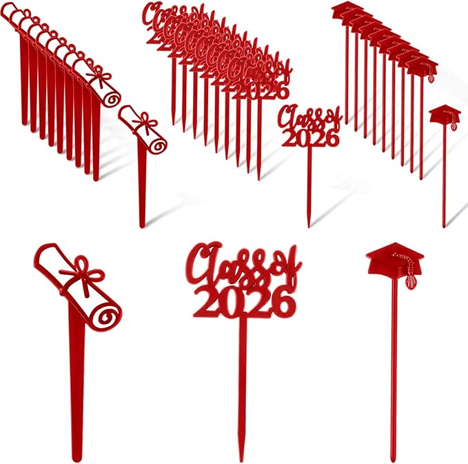 Boao 90 Pieces Class of 2026 Theme Graduation Cake Topper Plastic Cupcake Picks Graduation Cupcake Decorations for Party Supplies and Favors, 3 Styles(Red)