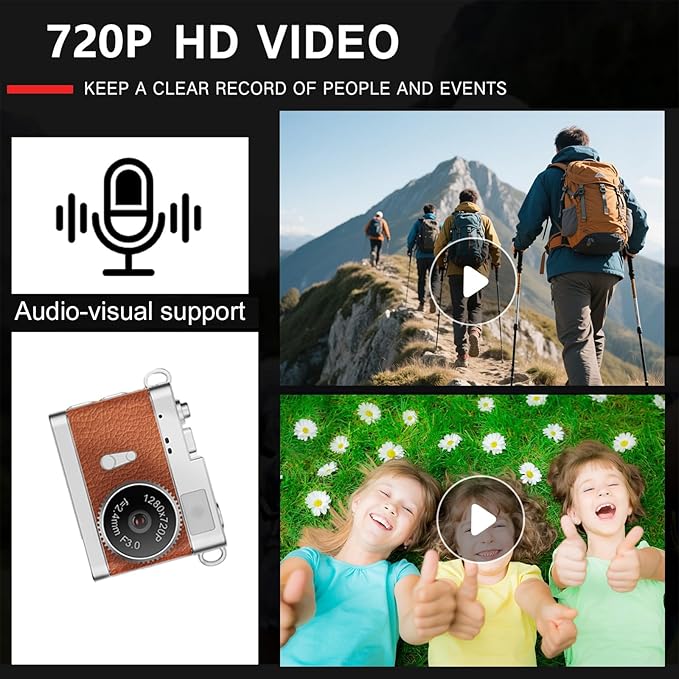 KOOMTOOM Keychain Camera,720P HD Mini Retro Camera,Tiny Digital Photocamera with 32GB SD Card,0.96'' Pocket Video Recorder Gift for Kids Students,Suprise Box Included(K142 - Red Brown)