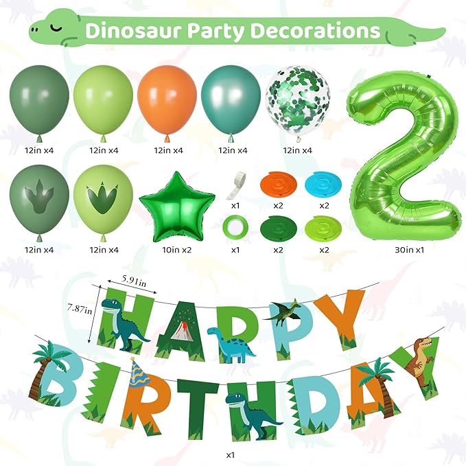 Amandir Dinosaur 2nd Birthday Party Decorations for Boys Girls, Foil Green Star Number 2 Dinosaur Balloons with Happy Birthday Banner Hanging Swirls for Dino Baby Shower Party Supplies