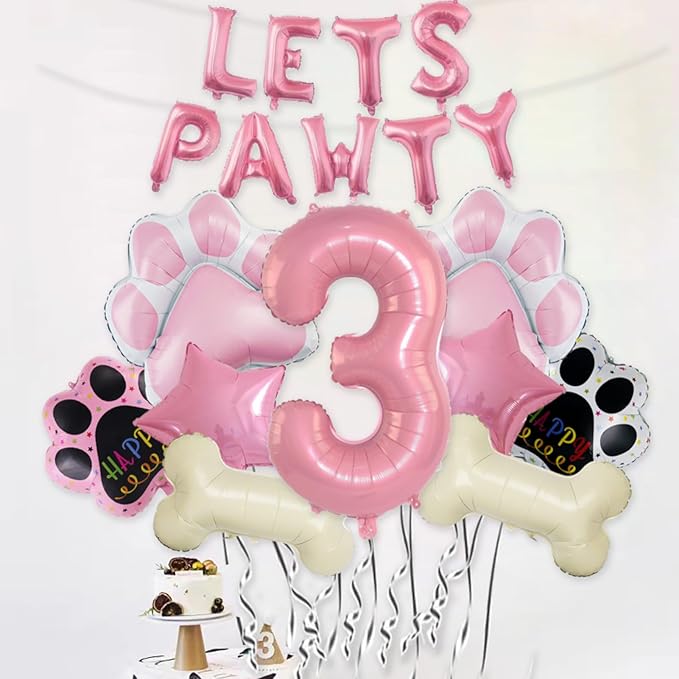 3rd Dog Balloons 18pcs Lets Pawty Balloons Dog Paw Birthday Decor Pink 32 inch Pink Number Balloons 3 Mylar Foil Balloons for Lets Pawty Birthday Decorations Dog 3rd Birthday Party Supplies