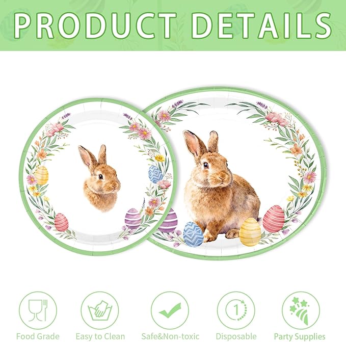 150Pcs Easter Bunny Party Decorations Easter Bunny Eggs Heavy Duty Large Oval Paper Plates and Napkins Spring Disposable Tableware Set for Rabbit Holiday Baby Shower Birthday Party Supplies Serves 50