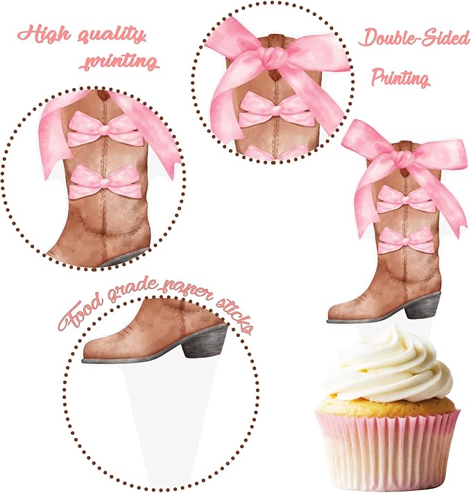 Cowgirl Boots and Hat Pink Bow Cupcake Toppers Coquette Cowgirl Cake Decorations 48PCS Boots and Hats Cupcake Picks Western Cowgirl Birthday Decorations for Girls Wild West Rodeo Party Supplies