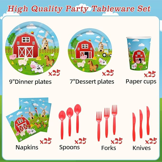 150 Pcs Farm Animal Birthday Party Decorations Farm Plates Tableware Barnyard Farm Birthday Party Supplies Serves 25 Farm Themed Cups, Farm Animal Napkins Red Knife/Fork/Spoon