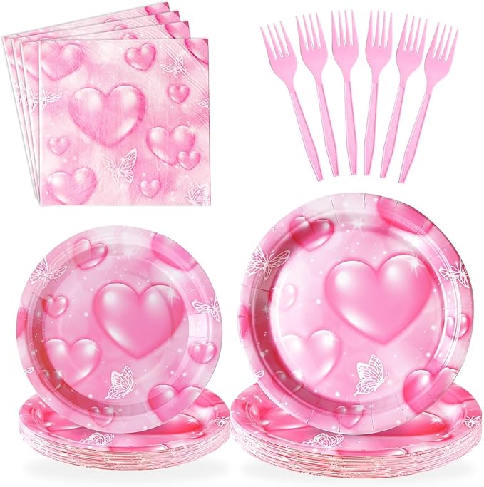 Grencian 96Pcs 2000s Party Decorations Pink Heart Plates and Napkins Disposable Y2k 90s Pink Heart Paper Tablewares Sets for Girls Women Birthday Wedding Y2K Bridal Shower Party Supplies, Serves 24