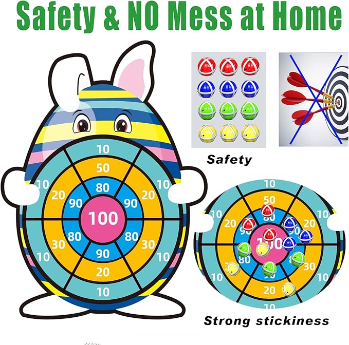 Easter Basket Stuffers, 30” Large Bunny Dartboard Game with 12 Sticky Balls, Eggs Fillers, Easter Baskets for Kids Boys Girls Toddlers Gifts Party Favor Supplies Decorations