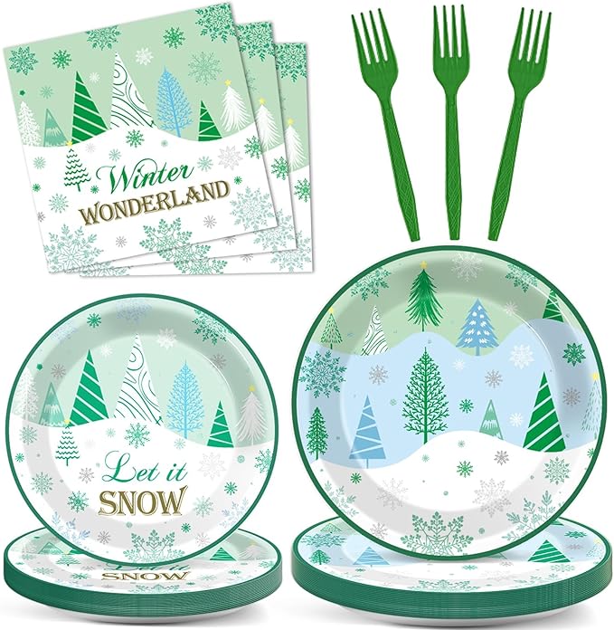 96Pcs Christmas Winter Forest Party Supplies Winter Wonderland Paper Plates and Napkins Snowflake Tree Disposable Party Tableware Set Xmas Dinnerware for Holiday Dessert Birthday Decoration Serve 24