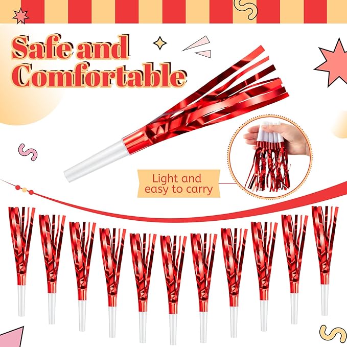 Sumind 24 Pcs Red Noise Makers Glitter Noise Makers Metallic Fringed Party Blowers for Adults Birthday Graduation Sporting Events 2026 New Years Party Favor Supplies