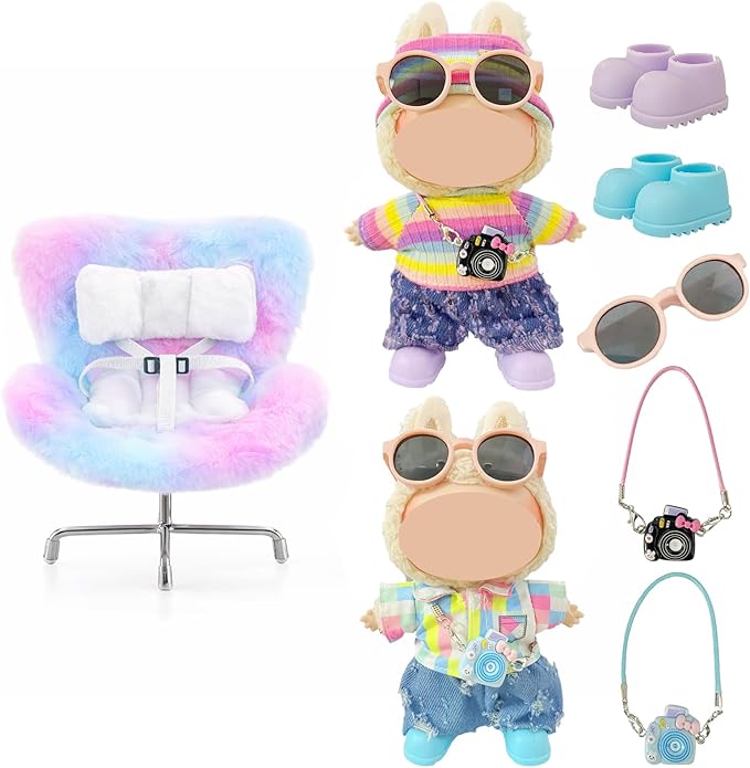 17cm Doll Car Seat and Clothes Set (No Dolls), Includes Doll Seat and 2-Pack Doll Clothes, Perfect for Play and Display, Doll Outfit Accessories for Collectors