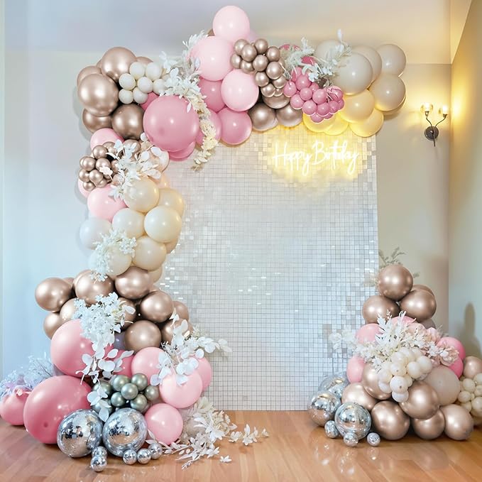 Pink and Gold Balloons 12 Inch Pastel Light Baby Pink Double Stuffed Sand White Sand Beige Champagne Gold Metallic Latex Party Balloon for Boho Birthday Baby Bridal Shower Wedding Party Decor