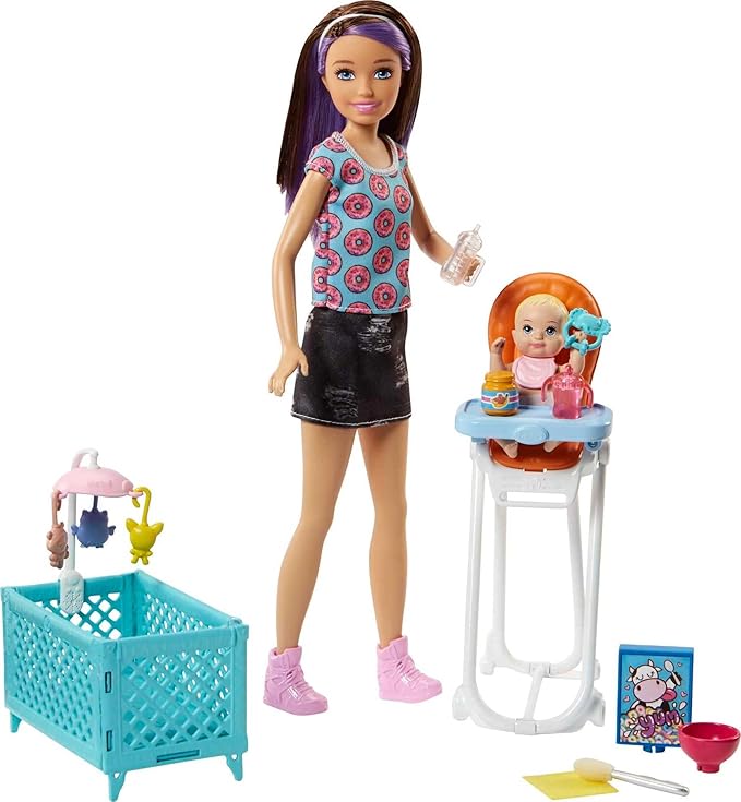 Barbie Skipper Babysitters Inc Dolls & Accessories, Set with Skipper Doll, Color-Change Baby Doll, High Chair & Crib Furniture