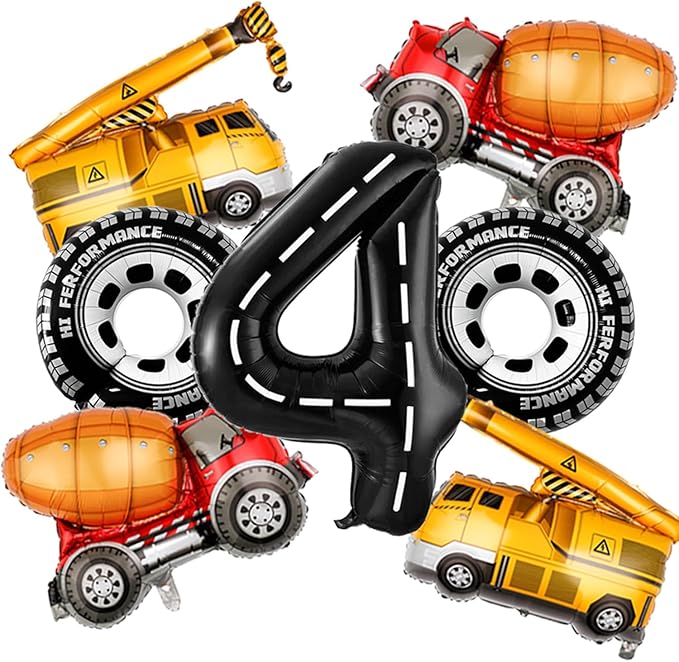 Construction Balloons 4rd Birthday Decorations for Boys 40inch Number 4 Balloons Truck Foil Balloon for Construction Birthday Party Decorations Supplies