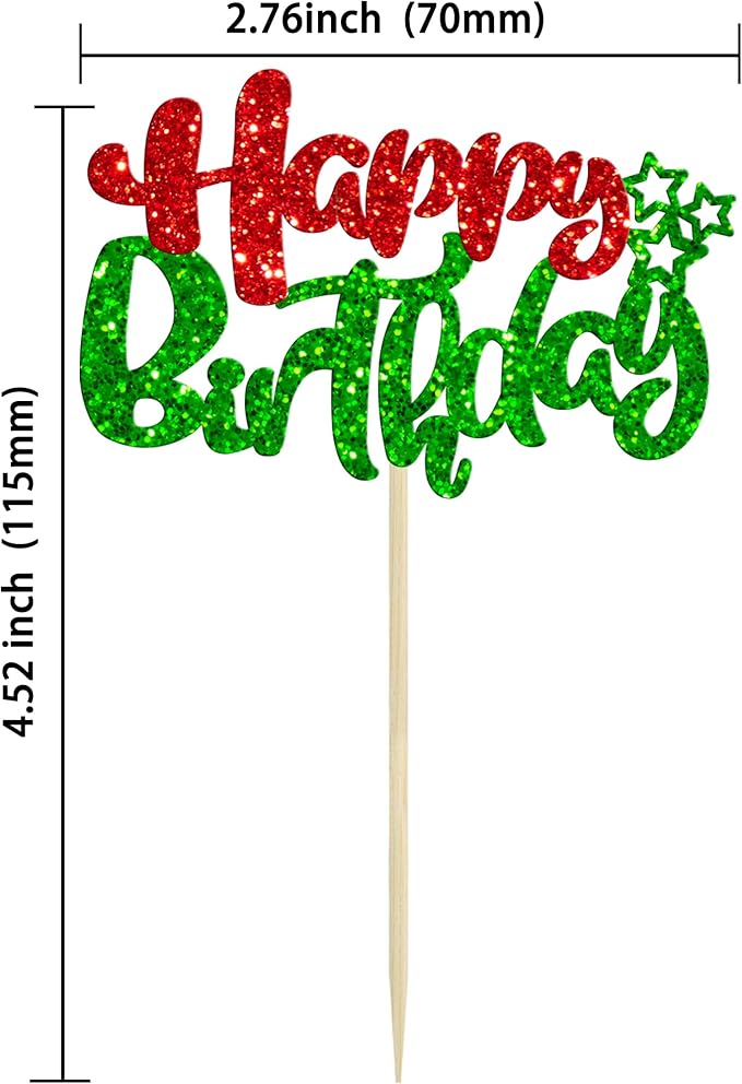 Ephlyn 24Pcs Happy Birthday Cupcake Toppers Double Layer Glitter Happy Birthday Cake Decorations for Christmas Theme Baby Shower Anniversary Party Decorations Supplies Red Green
