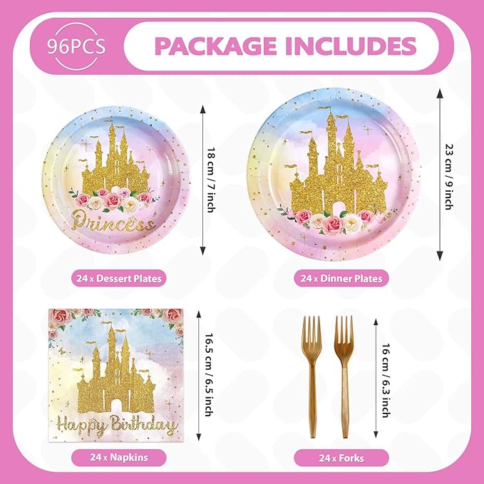 Grencian 96Pcs Princess Birthday Party Supplies Princess Birthday Plates and Napkins Tableware Sets Watercolor Pastel Rainbow Castle Decorations for Girls Baby Shower Fairytale Party Favors Serves 24
