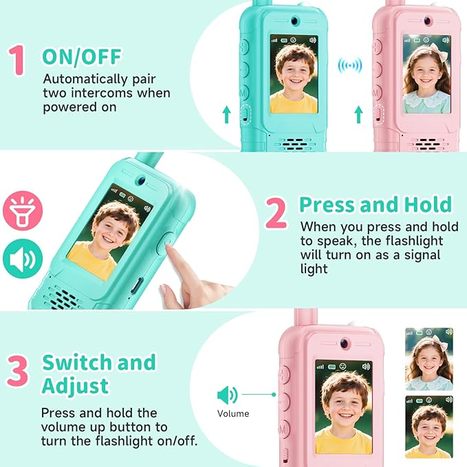 Video Walkie Talkies for Kids, 2 Pack Rechargeable Kids Walkie Talkies Long Range with Flashlight Outdoor Christmas Birthday Toddler Toys Gifts for 3-12 Year Old Boys Girls for Outside, Camping Travel