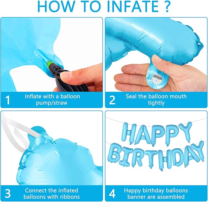 Light Blue Happy Birthday Balloons Banner 16 Inch Mylar Foil Letters