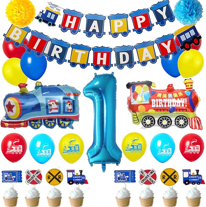 Train 1st Birthday Decorations Boys Train, 1 Years Old Birthday Party Supplies With Number 1 Foil Balloons Train Birthday Banner,Latex Balloons, Cake Topper, For Kids Train Birthday Party Decoration
