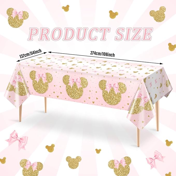 3 Pieces Pink Mouse Birthday Tablecover Gold Mouse Head Cartoon Plastic Party Tablecloth Disposable Table Decoration for Kids Girls