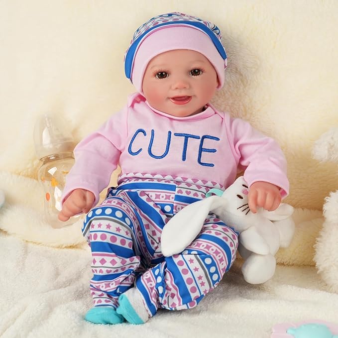 BABESIDE 4 Pcs Reborn Baby Doll Clothes Set for 17-22 Inch Babydolls, Cute Cat Pattern Baby Doll Accessories with Hat Socks for Realistic Baby Dolls Accessories, Pink