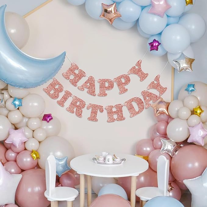 Glitter Rose Gold Happy Birthday Banner Birthday Party Decorations Sign Garland Bunting Banner for Wall Decor Party Background for Kids Boys Girls Adults