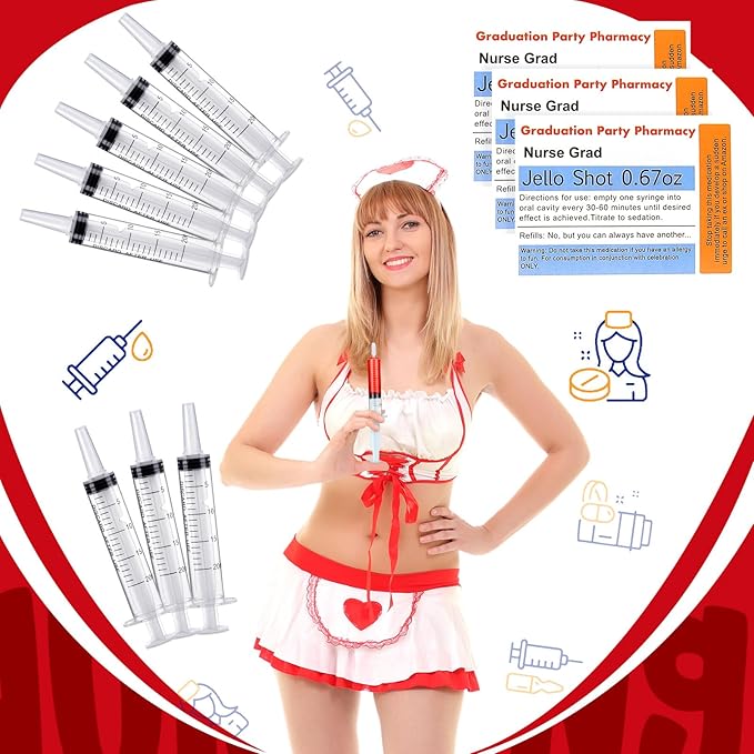 40 Pcs Nursing Graduation Party Supplies, 20 Pcs Plastic Syringes for Drinks, 20 Sticky Labels, Class of 2026 Graduation Decoration Nurse Party Supplies Bsn Rn Lpn Gift(20 ml)