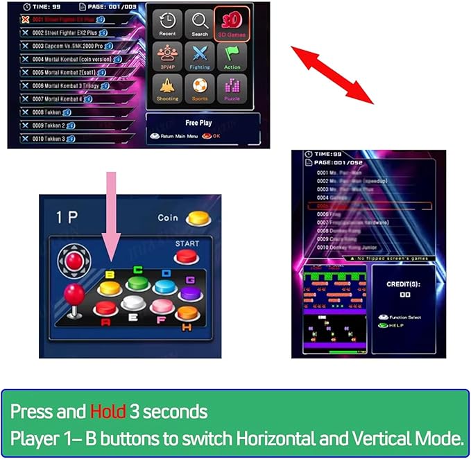 3D Saga DX Plus 3000 Horizontal + 516 Vertical Games, 3 Sides Cocktail, Arcade PCB, Jamma Box, USB Trackball, CRT, Multi-Game System, 2 Player HD 1280x720P Output, High Score Record