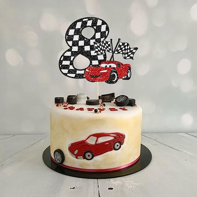 Gyufise 1Pc Race Car 8th Cake Topper Glitter 8th Racing Car Birthday Cake Topper Decoration for Racing Car Checkered Flag Themed Girl Boy 8 Years Birthday Party Supplies
