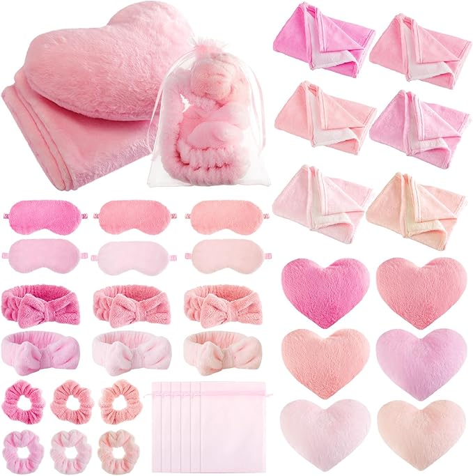 36 Pcs Sleepover Party Supplies for Girl Spa Slumber Birthday Favors Throw Blanket Pillow Eye Mask Headband Scrunchies (Solid Color,Princess Pink)