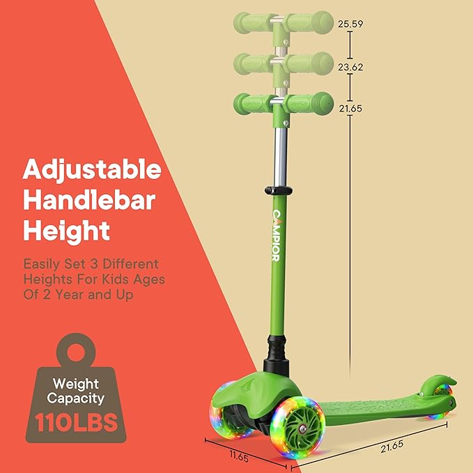 Green Mini 3 Wheel Scooter for Kids – Lean-to-Steer with LED Light-Up Wheels, Adjustable Handlebar, Wide Anti-Slip Deck, Smooth PU Wheels, Rear Foot Brake – Toddler Scooter for Ages 2+