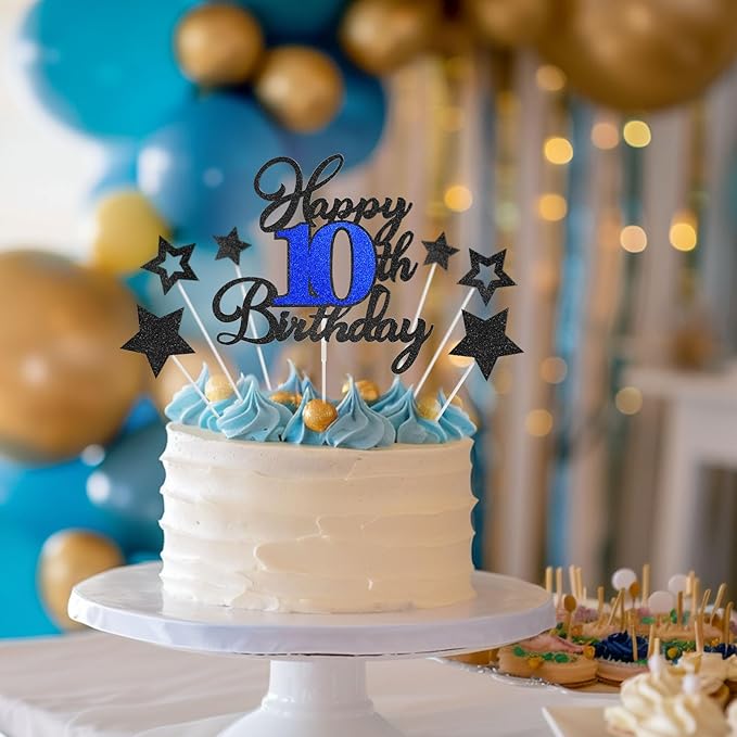 10th Birthday Cake Topper, Black Blue Happy 10th Birthday Cake Toppers for Boy Girl, 10 Years Old Birthday Party Supplies, Glitter Cake Decor, 10th Birthday Cake Decorations