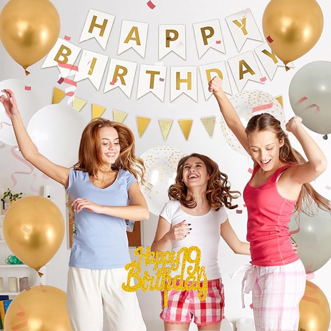 19th Birthday Party Decorations, Gold White Happy Birthday Decorations With Number 19 Balloons Beige Sand White Latex Balloon Champagne Fringe Curtain Cake Topper Banner For 19th Party Supplies