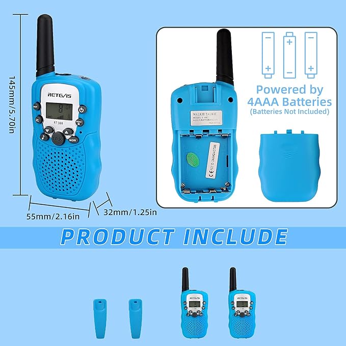 Retevis RT388 Walkie Talkies for Kids, Toys for 6 7 8 9 12 Year Old Boys, 22 CH 2 Way Radio Backlit LCD Flashlight, Blue Walkie Talkies for Boys Gifts Easter Basket Stuffers(Blue, 2 Pack)