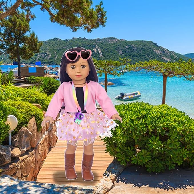 Ebuddy Doll Clothes & Accessories - 8 Sets Outfit with Shoes, Backpack, Glasses, Camera, Pad for 18 Inch Girl Dolls