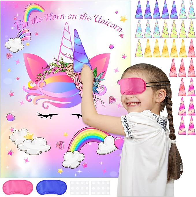 ASTARON Pin The Horn on The Unicorn Game for Kids Birthday Party, Unicorn Party Game with 30 pcs Horn Stickers Birthday Party Supplies for Wall Home Room Decorations