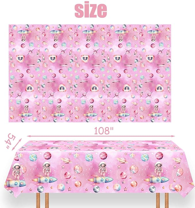 51 Pcs Outer Space Girls 2nd Birthday Party Supplies - Two The Moon Decorations & Tableware Includes Table Cloth, Plates, Napkins, Forks for Pink Space Two Years Old Party
