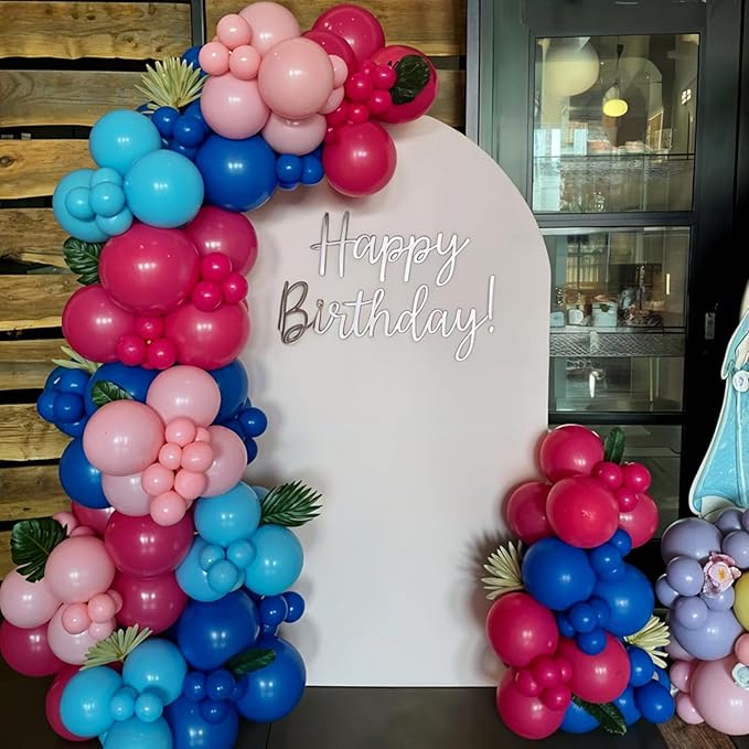Blue Balloon Arch Kit,Royal Light Blue Hot Pink Balloons with Palm Leaves for Girl Boy Themed Birthday Party Decorations Baby Shower Graduation Summer Pool Hawaii Tropical Party Supplies