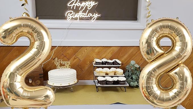 40 Inch Light Gold 28 Numbers Balloons White Gold Giant 28 Foil Mylar Helium Large Digital Balloon Champagne Gold Birthday Jumbo Balloons 28th or 82nd Anniversary Events Party Decorations Supplies