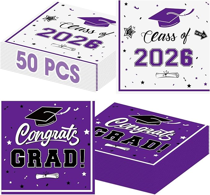 50 Pcs Graduation Napkins Decorations - Purple Class of 2026 Congrats GRAD 3-Ply Paper Cocktail Dinner Napkins Set for 2026 Graduation Party Supplies Table Decor Favors, 6.5 x 6.5 Inch