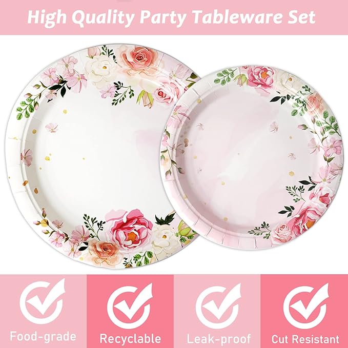 gisgfim 96 Pcs Floral Party Plates and Napkins Party Supplies Pink Spring Theme Flower Party Tableware Set Watercolor Floral Tea Party Decorations Favors for Bridal Baby Shower Serves 24