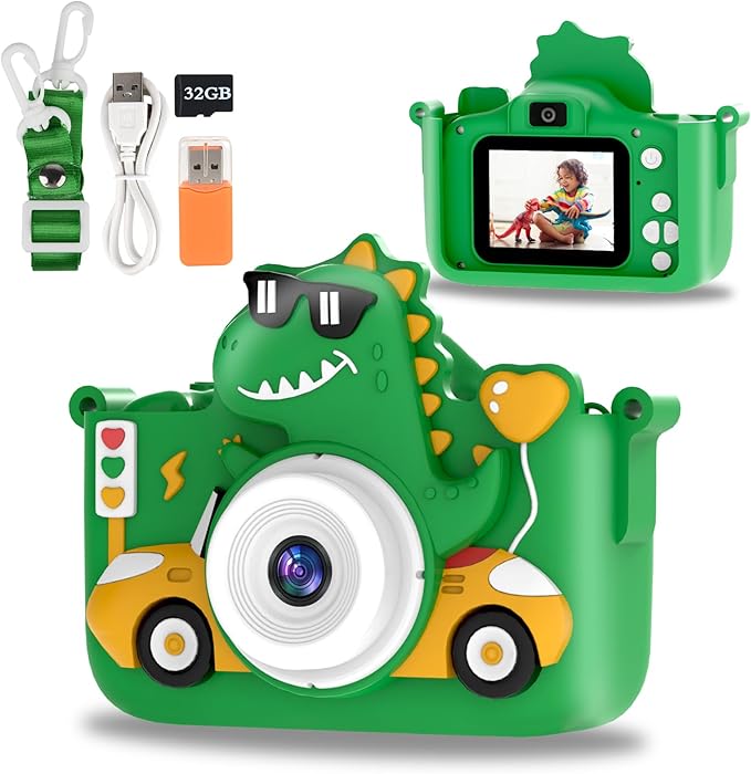 Kids Digital Camera, 1080P HD Video Camera for Toddlers with 32GB SD Card, Dinosaur Protective Case, Card Reader, Fun Selfie Toy Camera for Ages 3-12, Christmas/Birthday Gift for Boys & Girls (Green1)