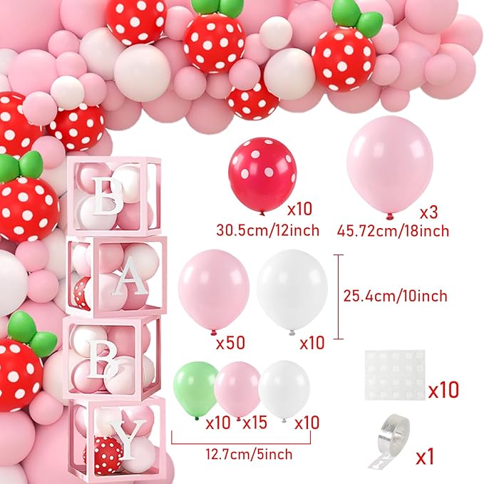Strawberry Baby Shower Decorations, A Berry Sweet Baby Is On The Way Decorations for Girl, It's a Girl Gender Reveal, Red and Pink Backdrop Balloon Arch Box Tablecloth Cake Topper Party Decor 141pcs