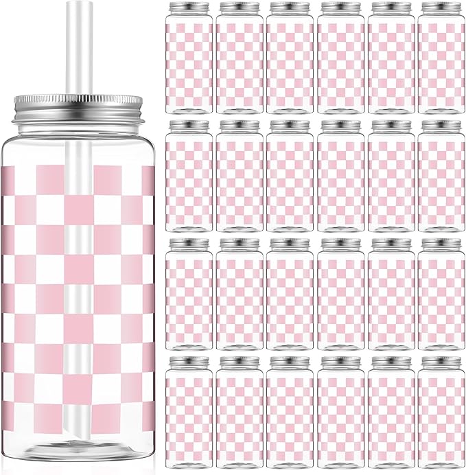 Patelai 24 Pack Light Pink Gingham Cups 13.5 oz Clear Pink Checkered Plastic Cups with Lid and Straw Reusable Plastic Plaid Tumbler for Baby Shower Wedding Birthday Bachelor Party Supplies