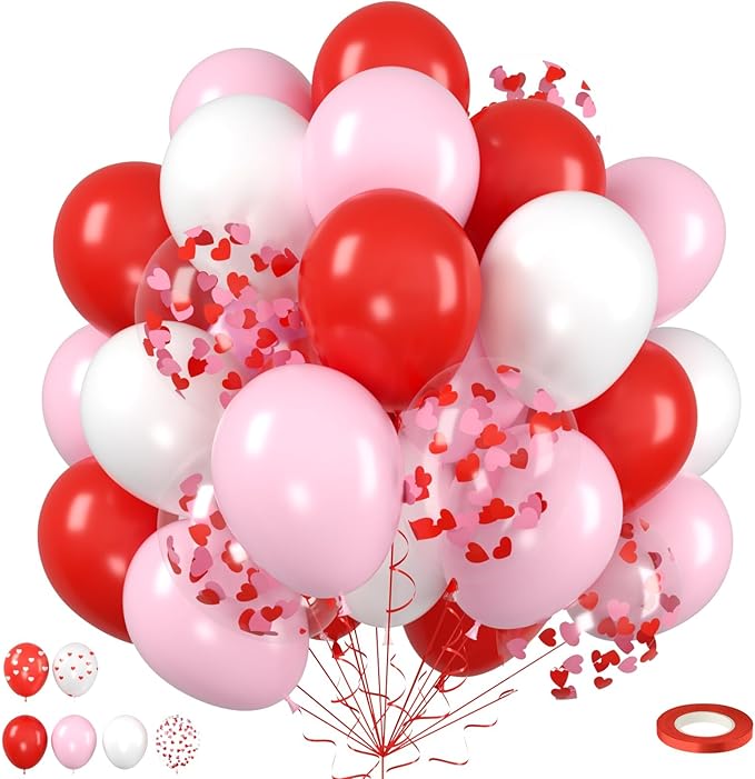Red Pink White Balloons, Valentine's Day Balloon with Pink Heart Confetti Latex Balloons For Valentine Party Birthday Baby Shower Party Wedding Bridal Anniversary Engagement Decorations