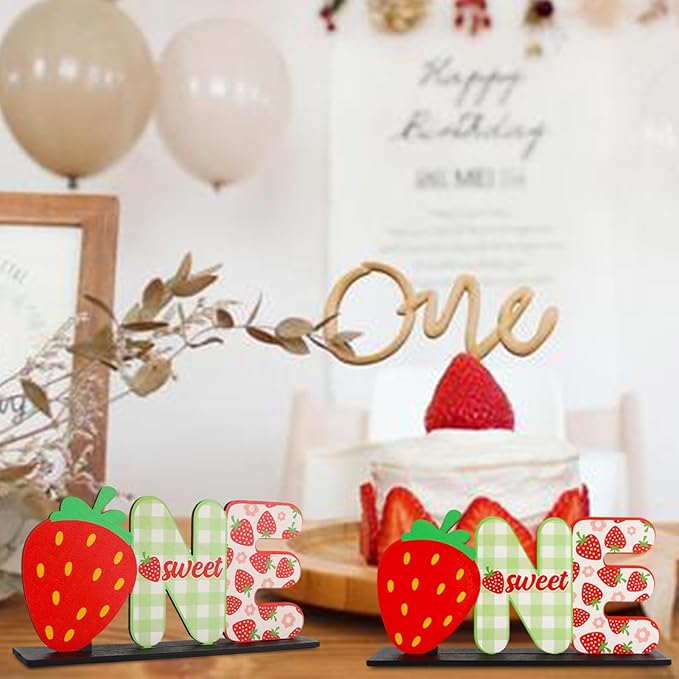 Strawberry Sweet ONE Letter Sign Table Centerpieces for My Baby Girl Berry First Birthday Decor,Birthday Decorations for One Year Old Party Supplies(2 Set)