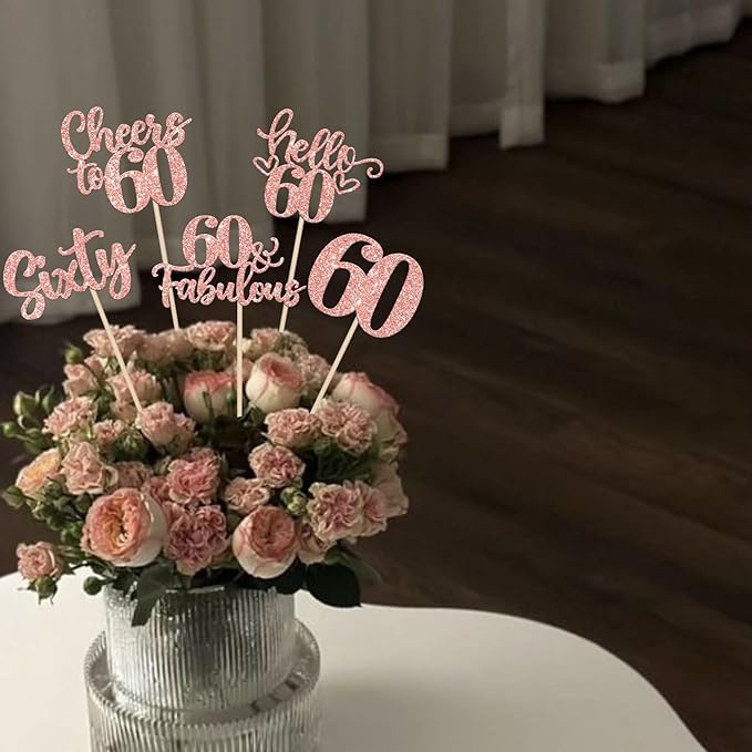 15PCS Happy 60th Birthday Centerpiece Sticks Sixty Hello 60 Cheers to 60 Table Flower Centerpieces Sticks 60 Fabulous Floral Decorations for Happy 60th Birthday Party Centerpieces Supplies Rose Gold